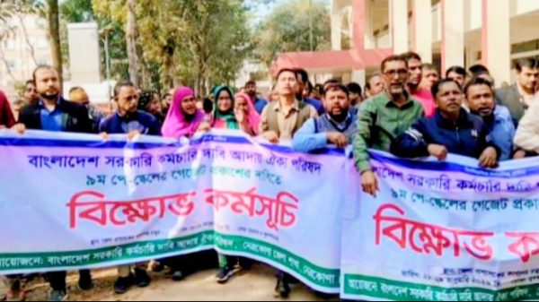 নেত্রকোণায় ৯ম পে স্কেলের গেজেট প্রকাশের দাবিতে মানববন্ধন ও বিক্ষোভ
