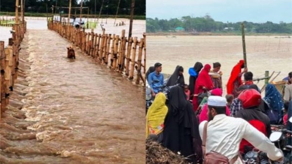 দুর্গাপুরে ভেঙে গেল কাঠ—বাঁশের অস্থায়ী সেতু, জীবনের ঝুঁকিতে নৌকায় পারাপার